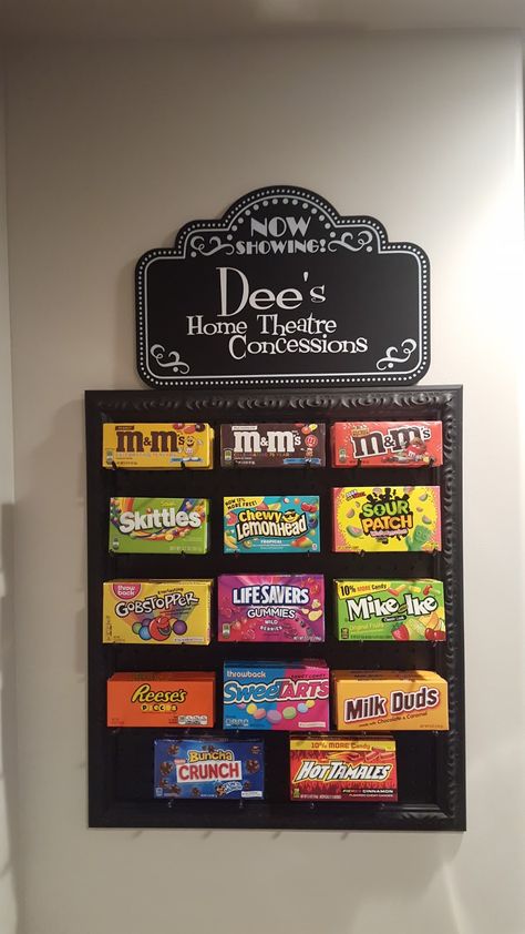 Peg board concession stand for movie night at home. So cute! Via Westcreek. Diy Concession Stand, Home Movie Theater, Creek Design, Theater Room Decor, Concession Stands, Movie Theater Rooms, Home Theater Room Design, Theater Room Design, Movie Room Decor