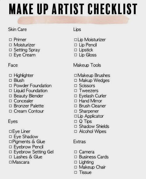 Makeup Essentials For Beginners List, Makeup Notes Ideas, Basic Makeup List For Beginners, Makeup Artist Service List, Mua Names Ideas, List Of Makeup For Beginners, Makeup Checklist For Beginners, Makeup Artist List, Make Up Checklist