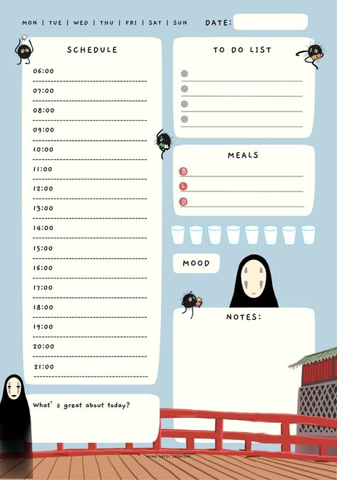 Spirited Away No Face Daily Planner | Studio Ghibli | Printable Planner by  Rose Johnson Studio Ghibli Planner Template, Anime Planner Printables, Anime Digital Planner, Kawaii Daily Planner Template, Lists For Planners, Anime Daily Planner, Studio Ghibli Planner, Anime Planner Template, Daily Planner Ideas Inspiration