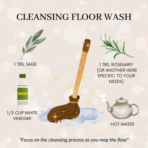 Tea & Rosemary☕️🌱 on Instagram: "Today's spread ✨⁣ ⁣ Cleansing Floor Wash ✨😊⁣ ⁣ 1 tbs. sage⁣ 1 tbs. rosemary (or another herb specific to your needs)⁣ 1/2 cup white vinegar⁣ Hot water⁣ ⁣ Focus on the cleansing process as you mop the floor.⁣ ⁣ #cleansingfloorwash #floorwashing #cleansing #cleansingwater #cleansingritual #cleansingritual #cleansingtools⁣ #modernwitchcraft #witchlife #witchcrafts #witchessociety #witchesofinstagram🔮🌙 #witching #witchyways #witchtips #magickal #beginnerwitch #ne Cleansing Floor Wash, Natural Cleaning Products Diy, Kitchen Witch Recipes, House Cleansing, Vinegar Uses, Witch Spirituality, Magic Spell Book, Energy Healing Spirituality, Spiritual Cleansing