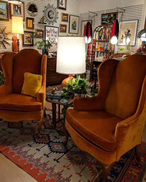 Gorgeous vintage modern bohemian orange velvet wingback chairs! Still available @Buckhorn_Vintage Wingback Chair Bedroom, Orange Wingback Chair, Wingback Chair Boho Living Room, Wingback Chair In Bedroom, Yellow Wingback Chair, Orange Velvet Chair Living Room, Vintage Seating Area, Living Room With Wingback Chair, Orange Velvet Armchair