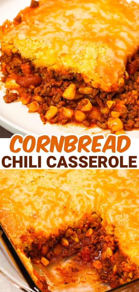 Chili Cornbread Casserole is an easy ground beef dinner recipe loaded with salsa, mixed beans, corn, chili seasoning and topped with cornbread and shredded cheese. Chilli Bake Casserole, Easy Recipes With Cornbread, Chili Mac Cornbread Casserole, Leftover Chili Cornbread Casserole, Mexican Chili Cornbread Casserole, Chilli Cornbread Casserole Jiffy, Cornbread Bake Ground Beef, Cornbread Topping Recipe, Dinner Ideas With Chili