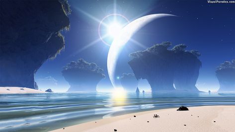 Visual Paradox Free 3D Wallpaper 'Eclipse at Strange Beach' 1920x1080 size wallpaper Alien Ocean, Ocean Anime, Ocean Wallpapers, Ocean Backgrounds, Scenery Background, Planets Art, Landscape Concept, Alien Planet, Amazing Artwork