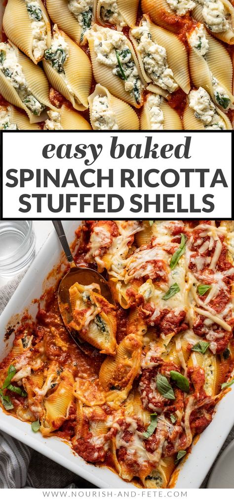 The only recipe you need for the best spinach and ricotta stuffed shells! This easy and classic baked pasta has all the best Italian flavors: three flavorful cheeses, tender garlicky spinach, and delicious marinara sauce, all nestled in jumbo pasta shells for a filling, comforting, and crowd-pleasing vegetarian dinner. Jumbo Shell Recipes, Spinach And Ricotta Stuffed Shells, Ricotta Stuffed Shells, Shell Pasta Recipes, Spinach Stuffed Shells, Stuffed Shells Ricotta, Spinach And Ricotta, Jumbo Pasta Shells, Cheese Stuffed Shells