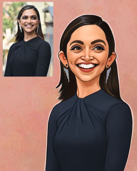 Cartoon style digital portrait / caricature illustration of beautiful bollywood actress Deepika Padukone Digital Caricature Illustrations, Character Design In Illustrator, Deepika Padukone Portrait, Stylised Portrait, Cartoon Making, Fortnite Emotes, Portrait Illustration Art, Caricature Tutorial, Emoji Nails