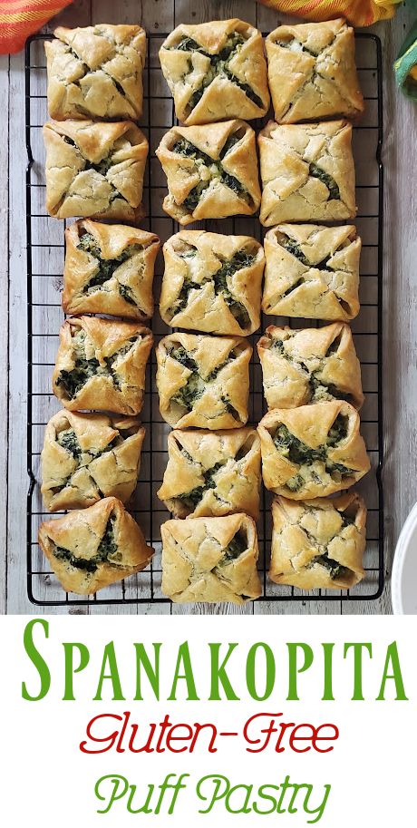 Gluten Free Puff Pastry Appetizers, Greek Gluten Free Recipes, Vegetarian Gluten Free Appetizers, Gluten Free Puff Pastry Ideas, Phillo Puff Pastry Recipes, Gluten Free Filo Pastry Recipe, Puff Pastry Spanakopita, Spinach Ricotta Pastry Puffs, Savoury Puff Pastry Recipes