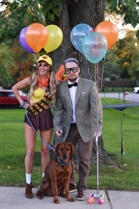 Up Carl And Russell, Up Halloween Costume With Dog, Russel Up Costume Diy, Halloween Costume Russell From Up, Homemade Space Costumes, Russel And Carl Couple Costume, Up Movie Halloween Costume Couple, Up Costume Ideas Russell, Movie Up Costume Ideas