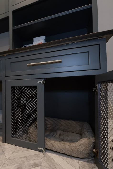 built in dog cage, desk, dog cage, custom cabinetry, ohio Built In Dog Crate Tv Stand, Disguised Dog Crate, Built In Dog Crate Mudroom, Dog Crate Cupboard, Dog Kennel Storage Ideas, Built In Shelves With Dog Crate, Dog Kennel Office Ideas, Pet Cage Furniture, Built In Desk With Dog Crate