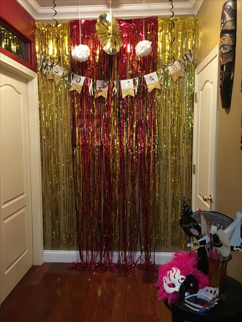 Black white gold red photo booth backdrop 50th birthday Red And Gold Photo Backdrop, Asian Party Decorations, Bae Birthday, Nursing Party, Bells Decoration, Floral Graduation Party, Graduation Party Backdrops, Diy Photo Booth Props, Nurse Party