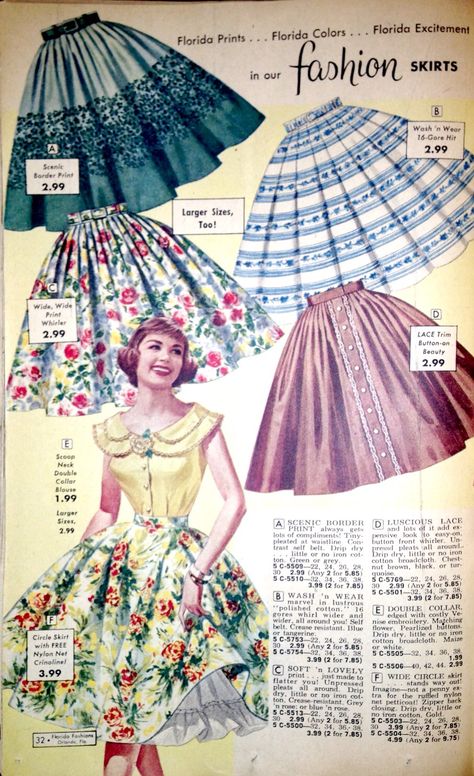 Page from 1950's Florida Fashions catalogue. 50s Circle Skirt, 1950 Skirt, Skirts Vintage, Patron Vintage, 1950’s Fashion, Skirt Inspiration, Circle Skirts, 1950 Fashion, Floral Skirts