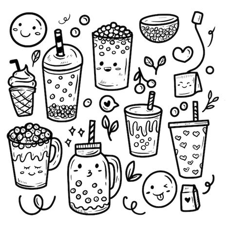 Boba Tattoo Drink, Bubble Tea Drawing Simple, Boba Drawing Simple, Bubble Tea Coloring Page, Tea Doodle Art, Boba Tea Doodle, Bubble Tea Tattoo, Boba Tea Tattoo, Boba Drawings