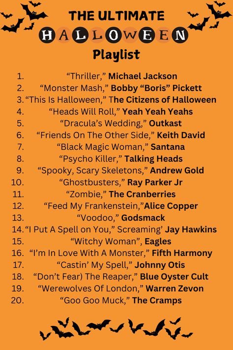 Halloween Party Music Playlist, Halloween Song Playlist, Good Halloween Songs, Movie Themed Halloween Party, School Halloween Dance Ideas, Halloween Playlist Ideas, Halloween Songs Playlists, Witchy Playlist Names, Halloween Playlist Names