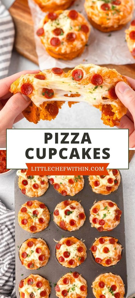 These Pizza Cupcakes are a bite-sized twist on your favorite pizza flavors! Loaded with gooey mozzarella, mini pepperoni, and baked to perfection, they’re the perfect snack, party treat, or kid-friendly dinner. Muffin Tin Pizza Bites, Pepperoni Pizza Muffins, Pepperoni Cups, Pizza Snacks For Kids, Pillsbury Mini Pizza Crust Recipes, Biscuit Pizza Muffins, Pizza Recipes For Kids, Mini Pizza Appetizers, Pizza Muffins Recipe