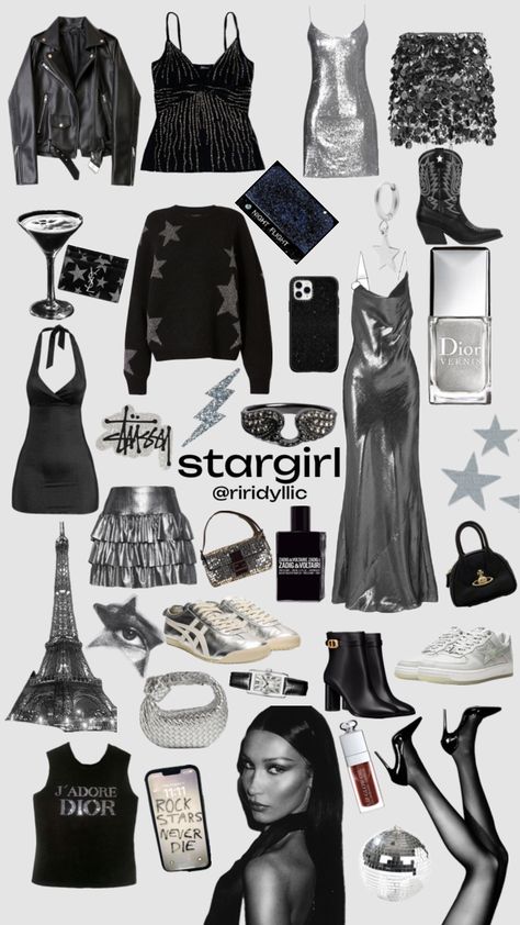 @riridyllic Star Themed Outfits, Silver Skirt Outfits, Black And Silver Outfits, Stargirl Aesthetic, 00s Mode, Silver Outfits, Black And Silver Dress, Silver Skirt, Star Clothing