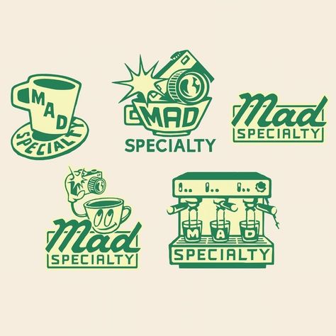 MAD Specialty (@mad_specialty) • Instagram photos and videos Convenience Store Logo Design, Vintage Coffee Design, Logos With Characters, Funky Logo Design Brand Identity, Logo Inspo Graphics, Nostalgic Logo Design, Retro Brand Design, Hand Drawn Logos, Vintage Coffee Shop Logo