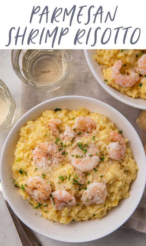 This shrimp risotto is ultra-rich, creamy, and tossed with perfectly cooked, tender shrimp for an impressive, restaurant-quality dish that's easy to make at home! Based on my risotto that's requested at every family function, this shrimp risotto is filling and simply delicious. Lemon Risotto Recipes, Risotto Recipes Easy, Shrimp Parmesan, Shrimp Risotto, Cauliflower Risotto, Cooked Shrimp, Creamy Shrimp, Shrimp Recipes For Dinner, Shrimp Dishes