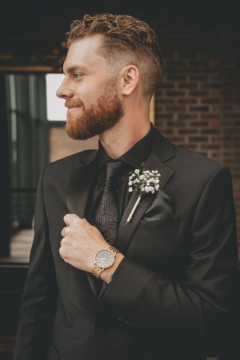 Dark Wedding Mens Attire, Unique Black Groom Suit, Groom With Beard, Non Traditional Groom Suit, Men’s Black Wedding Attire, All Black Suits Wedding, Dark Wedding Groom, All Black Grooms Suit, All Black Wedding Outfit Men