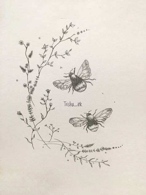 Bee And Plant Tattoo, Flowers And Bugs Tattoo, Bees And Butterflies Tattoo, Bee Tattoo With Flowers, Small Insect Tattoo, Floral Bee Tattoo, Bees Tattoo, Nature Lover Tattoo, Butterfly Thigh Tattoo