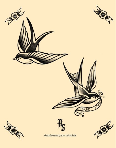 Sparrow Family Tattoo, American Traditional Swallow, Acme Tattoo, Swallow Hand Tattoo, Traditional Swallow Tattoo, Swallow Bird Tattoos, Wedding Band Tattoo, Olive Branch Tattoo, Abstract Tattoo Ideas