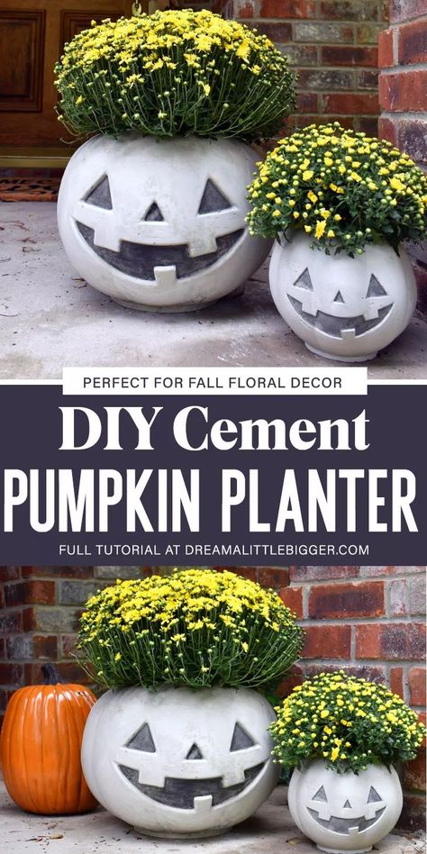 Turn a trick or treat pumpkin pail into an amazing cement pumpkin planter. The Jack side is perfect for Halloween and the pumpkin works for all of Autumn! #halloweendecorations #halloweendecor #concreteplanters #pumpkincrafts #halloweencrafts #halloweencraftsdiydecorations Concrete Jack O Lantern Planter, Outdoor Halloween Decor Front Yards Simple, Pistachio Lush, Pumpkin Planters, Cement Pumpkins, Pumpkin Pail, Cement Projects, Trick Or Treat Pumpkin, Diy Cement