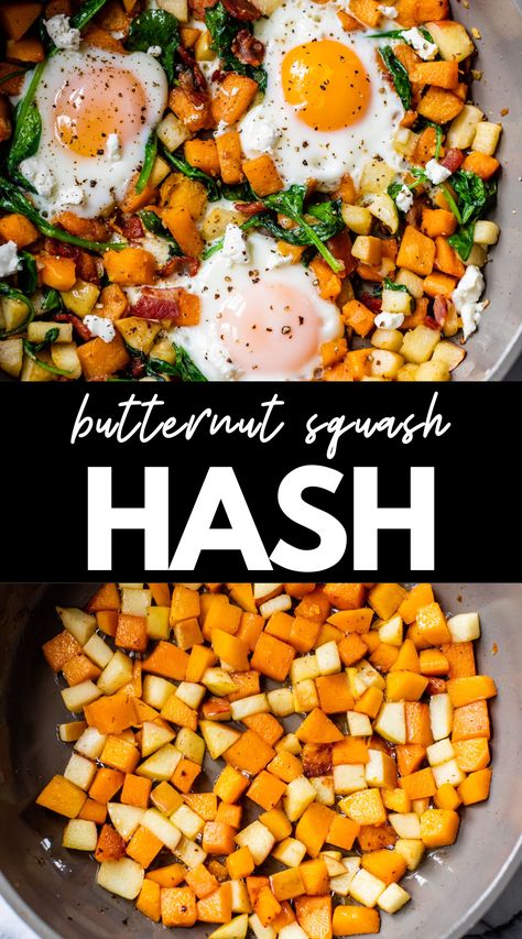 This Whole30 Butternut Squash Hash showcases the best produce fall has to offer, like squash and apples! Combined with eggs, bacon, and goat cheese, it’s the most comforting fall breakfast and always impresses at Sunday brunch. Butternut Squash And Eggs, Butternut Squash Hashbrowns, Ham And Butternut Squash Recipes, Breakfast Butternut Squash, Butternut Squash Breakfast Recipes, Whole30 Butternut Squash, Butternut Squash Breakfast, Butternut Squash Hash, Squash Breakfast