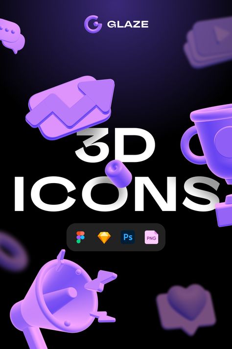 Colorful 3d objects floating on top of the text "3D Icons" on a black background Social Media Assets, Figma Design, Internet Icon, 3d Sketch, Beautiful Websites, Search Icon, 3d Icons, Ui Inspiration, 3d Assets