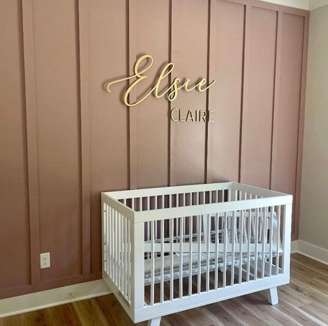 Pops Of Pink Nursery, Master And Nursery Shared, Nursery Accent Wall With Name, Nursery Ideas Names On Wall, Pink Wood Accent Wall, Baby Names On Wall In Nursery, Nursery With Name On Wall, Baby Name Nursery Signs, Baby Girl Nursery Name Sign