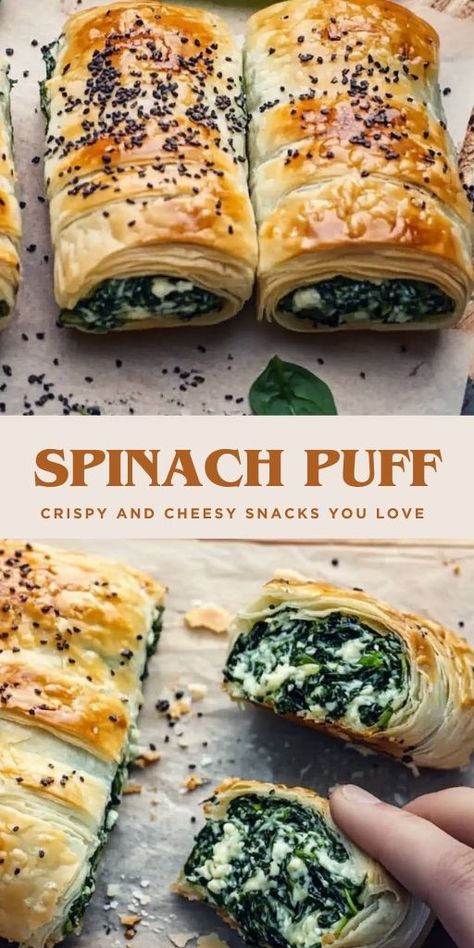 Spinach and Cheese Puff Pastry Rolls: A Savory Treat! Ingredients: 300g fresh spinach 3 tbsp olive oil 3 cloves garlic, minced 1 egg (for filling) Salt, to taste 1/2 tsp black pepper, freshly ground 250g ricotta cheese #Spinach #Puff Puff Pastry Rolls, Pastry Rolls, Spinach Puff Pastry, Spinach Puff, Cheesy Snack, Puff Pastry Filling, Cheese Puff, Cheese Puff Pastry, Cheese Spinach