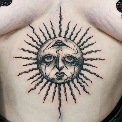 Woman And Sun Tattoo, Womens Cover Up Tattoos, Goth Sun Tattoo, Gothic Lady Tattoo, Sun And Moon Skull Tattoo, Creepy Sun And Moon Tattoo, Blackwork Sun Tattoo, Gothic Sun And Moon Tattoo, Creepy Sun Tattoo