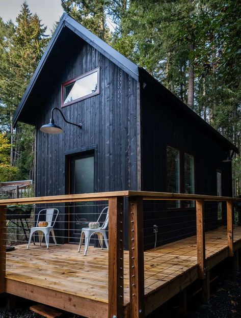 Wolf Den Tiny Cabin 280sqft - Dream Tiny Living Modern Tiny Cabin, Tiny Rustic Cabin, The Wolf Den, Mountain House Exterior, Tiny Log Cabin, Minimalist Cabin, Cool Sheds, Wolf Den, Black Cabin