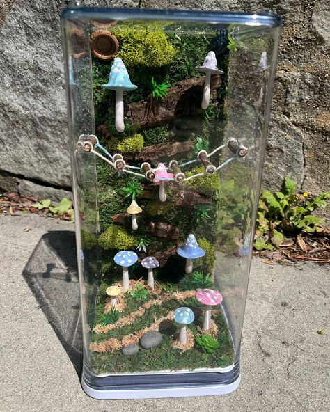 A full shot of this dreamy pastel enclosure. So freakin cute! More of these, pleaseeee! **All bright green moss, bark, and woody elements are double sealed for spider protection.** #jumpingspider #jumping #spider #arboreal #arborealspider #spiderenclosure #jumpingspiderenclosure #salticidae #enclosure #replile #mantis #mantisenclosure #moss #terrarium #mushrooms #handmade #craft #art #etsy #jumpingspidersofinstagram #jumpingspiders #jumpingspidersoftheworld #fyp #bamboo Jumping Spider Fairy Garden, Praying Mantis Enclosure Ideas, Cute Jumping Spider Enclosure, Diy Jumping Spider Enclosure, Jumping Spider Enclosure Ideas, Terrarium Mushrooms, Jumping Spider Terrarium, Spider Terrarium, Jumping Spider Enclosure