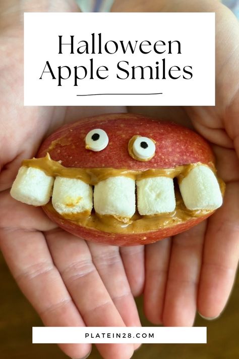 We have the silliest Halloween snack with a healthy twist! 🎃🍎 Try these adorable apple teeth snacks made from apples, peanut butter, and marshmallows! This Halloween apple treat is sure to bing a smile or laugh to your kiddo's face! Apple Peanut Butter Marshmallow Teeth, Apple Teeth Snack, Halloween Fruit Cups For Kids, Halloween Apple Treats, Apple Smiles, Halloween Fruit Cups, Apples With Peanut Butter, Apples Peanut Butter, Kindergarten Snacks