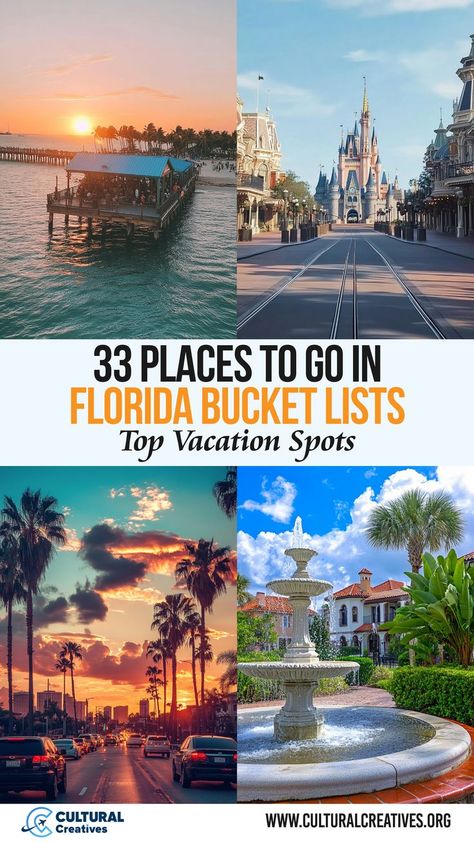 Collage featuring a sunset pier, iconic castle, palm-lined street, and elegant fountain, highlighting 33 Places to Go in Florida Bucket Lists. Orlando Florida Bucket List, Florida Road Trip With Kids, Florida Bucket List Things To Do, Orlando Florida Things To Do, Places To Go In Florida, What To Do In Florida, Florida Bucket List, Things To Do In Florida, Florida Vacation Spots