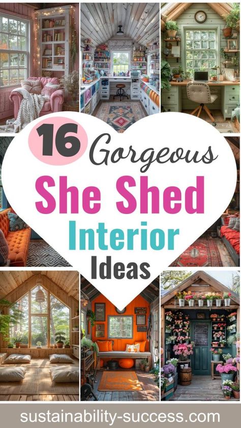 16 Gorgeous She Shed Interior Ideas You’ll Love 2 Plastic She Shed, Small She Shed Interiors Decor, Garden She Shed Ideas, Decorating A She Shed, She Shed Sewing Studio, Witchy She Shed, She Shed Interior Ideas Woman Cave, Boho She Shed Interior, Inside Summer House Ideas