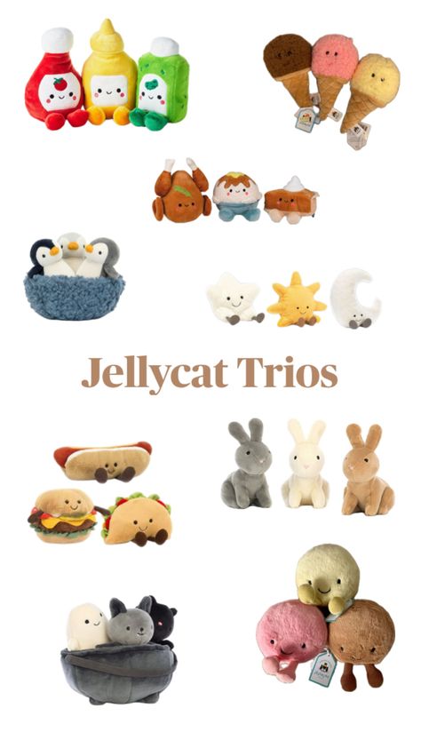 Trios of jellycats meow meow Trio Jellycats, Trio Gift Ideas, Matching Things, Trio Matching, Preppy Accessories, B Day Gifts, Aesthetic Items, Jellycat Stuffed Animals, Jelly Cat