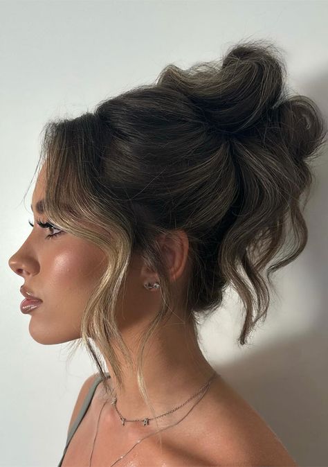 Soft Tousled High Bun with Face-Framing Waves, 90s inspired high updo, , Updo Hairstyle, updo wedding hairstyle High Loose Bun Wedding, Bridal Updo High Bun With Veil, On Trend Updos, High Bun Veil Bridal Hairstyles, High Bun With Face Framing Pieces, Wedding Hairstyles Bun High, Wedding High Bun Hairstyles, Updos With Face Framing Pieces, High Updos For Medium Length Hair