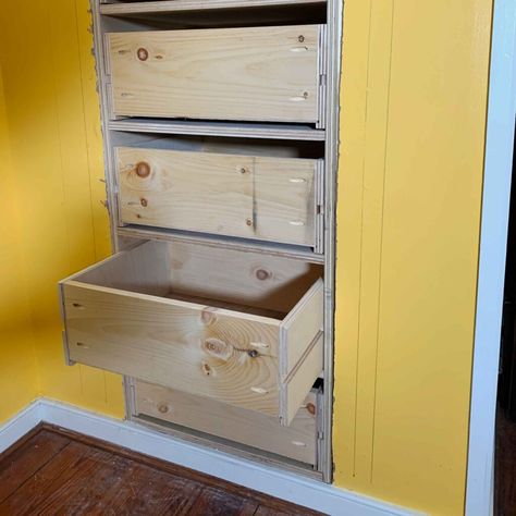 How To Install An In-Wall Built In Dresser - Lazy Guy DIY Dormer Storage, Hallway Drawers, Wall Drawers, Build A Dresser, Linen Closet Design, Built In Drawers, Washer Dryer Closet, Build A Tv Stand, Nursery Furniture Ideas