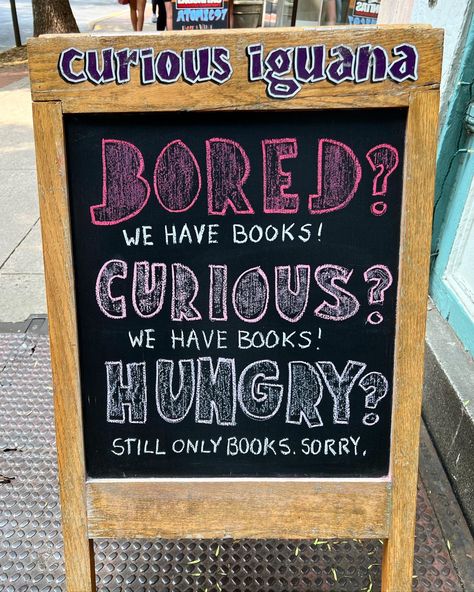 Funny Bookstore Signs, Bookstore Event Ideas, Bookstore Names Ideas, Bookstore Chalkboard Signs, Library Chalkboard Signs, Public Library Display Ideas, Book Displays Library, Little Library Ideas, Book Store Ideas