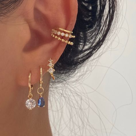 Aesthetic Gold Earrings, Gem Stone Earrings, Earring Stacks, Ear Stacks, Colourful Earrings, Earring Charm, Earring Stack, Piercing Inspo, Pretty Ear Piercings