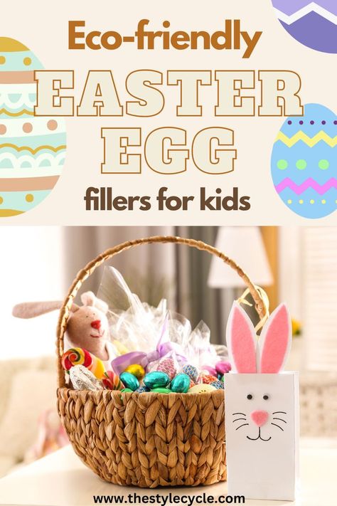 Wicker Easter basket filled with chocolate eggs and eco-friendly treats and toys Easter Egg Filler Ideas, Eco Friendly Easter Basket, Egg Filler Ideas, Eco Friendly Easter, Egg Fillers, Easter Egg Fillers, Eco Friendly Kids, Easter Egg Basket, Kids Easter Basket