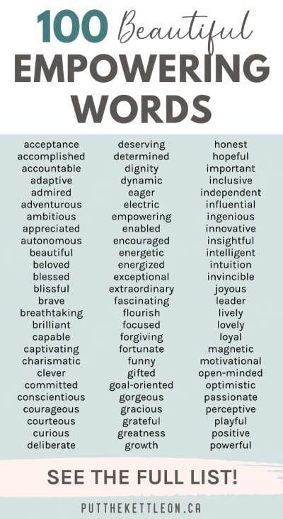 Empowering words for women to express themselves and others. Inspiring words of empowerment to describe a strong woman. Use them today! Personality Description Words, Words Of Empowerment, Postive Words, Words For Women, Personality Descriptions, Words To Describe People, English Knowledge, Words To Describe Someone, Words To Describe Yourself