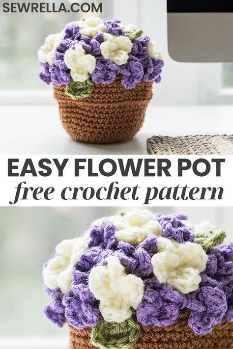 Crocheted Flower Free Pattern, Purple Crochet Patterns Free, Stash Buster Crochet Patterns Free, Decorate Flower Pots Diy, Crochet Flower Centerpiece, Crochet Flower Buds Free Pattern, Easy Crochet Flowers Free Pattern Simple, Crochet Hanging Flower Pot, Crochet Flower Wreath Pattern Free