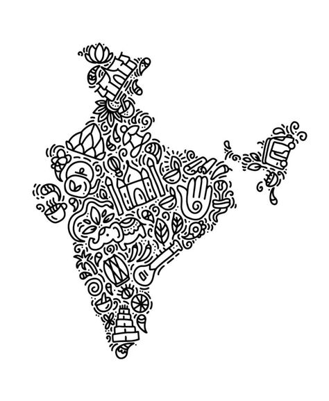 India map black calligraphy text and doodle elements Indian culture vector illustration design. Happy republic Day India independence celebrations with 26th January India Vector Design, India Illustration Map, India Vector Illustrations, Doodle On Indian Culture, Indian Independence Day Illustration, Indian Elements Illustration, Culture Of India Art, India Illustration Doodles, Poster On Indian Culture