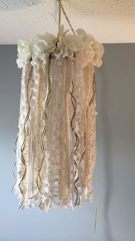 Diy Boho Chandelier Lamp Shades, Diy Boho Chandelier, Ribbon Dream Catcher Diy, Flower Lampshade, Floral Chandelier Diy, Yarn Chandelier, Macrame Chandelier Wedding, Ribbon Chandelier, Plug In Chandelier Macrame