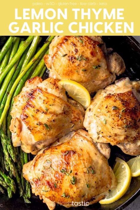 Lemon Thyme Chicken with three ways to cook it, either on the stove, on the grill, or in the oven, we've got you covered! This low carb, keto friendly, paleo and whole30 chicken dinner will be sure to please everyone! www.noshtastic.com #keto #lowcarb #paleo #w30 #whole30 #chicken Aip Lemon Chicken, Lemon And Thyme Chicken, Thyme Chicken Recipes, Easy Paleo Chicken, Cookies Banane, Clean Gut, Lemon Thyme Chicken, Gluten Free Chicken Recipes, Low Carb Soup Recipes