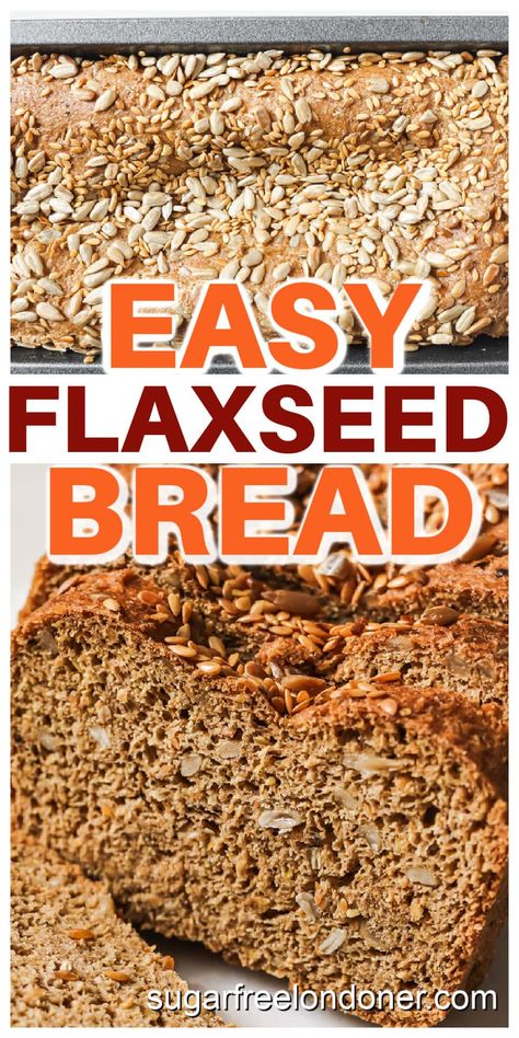 This homemade flaxseed bread has a soft, fluffy texture and a crunchy crust. It toasts well and is perfect for sandwiches. One slice of this high fiber, gluten-free bread contains just 1.3g net carbs. Gluten Free Flax Bread, Low Carb Flax Seed Recipes, Gluten Free Seed Bread, Flax Seed Bread Recipe, Flax Recipes, Flax Seed Bread, Healthy Bread Recipe, Flaxseed Recipes, Flaxseed Bread