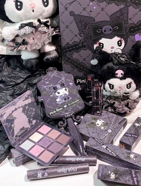 Kuromi Stuff To Buy, Kuromi Makeup Products, Kuromi Inspired Makeup, Kuromi Aesthetic Room, Kuromi Skincare, Kuromi Merch, Kuromi Stationary, Kuromi Items, Kuromi And Hello Kitty