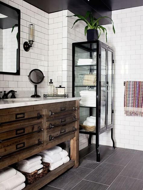 25+ Masculine Bathroom Ideas & Inspirations | Man of Many Masculine Bathroom Design, Masculine Bathroom, Modern Bathroom Cabinets, Bathroom Design Trends, Industrial Bathroom, Modern Farmhouse Bathroom, Brick Walls, Bathroom Trends, Trendy Bathroom