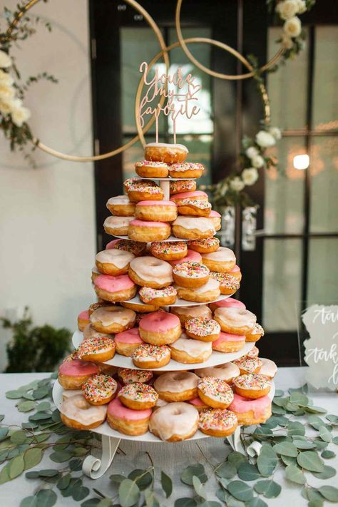 Donut Dessert Table, Donut Wedding Cake, Backyard Engagement, Donut Tower, Cake Tower, Dessert Items, Wedding Donuts, Donut Dessert, Doughnut Cake