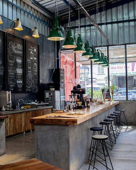 A dark themed,industrial kitchen designed by @caroline.kincheski.visit us @marksson.time.repost from @industrial__interior #industrialkitchen Exterior Cafe Design, Modern Cafe Interior Design, Outdoor Cafe Design, Antique Restaurant, Cafe Design Ideas, Small Coffee Bar Ideas, Small Coffee Bar, Bathroom Antique, Restaurant Kitchen Design